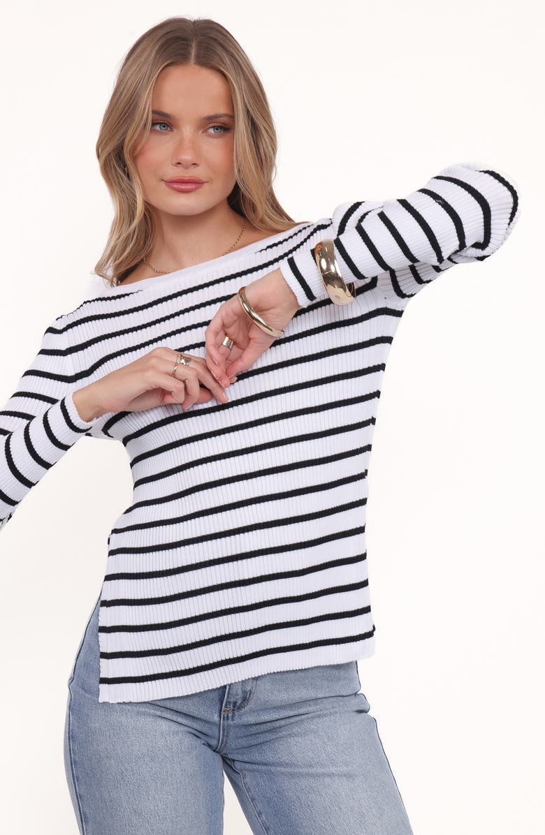Petal & Pup Alvina Stripe Rib Boatneck Sweater, Alternate, color, White Black Stripe