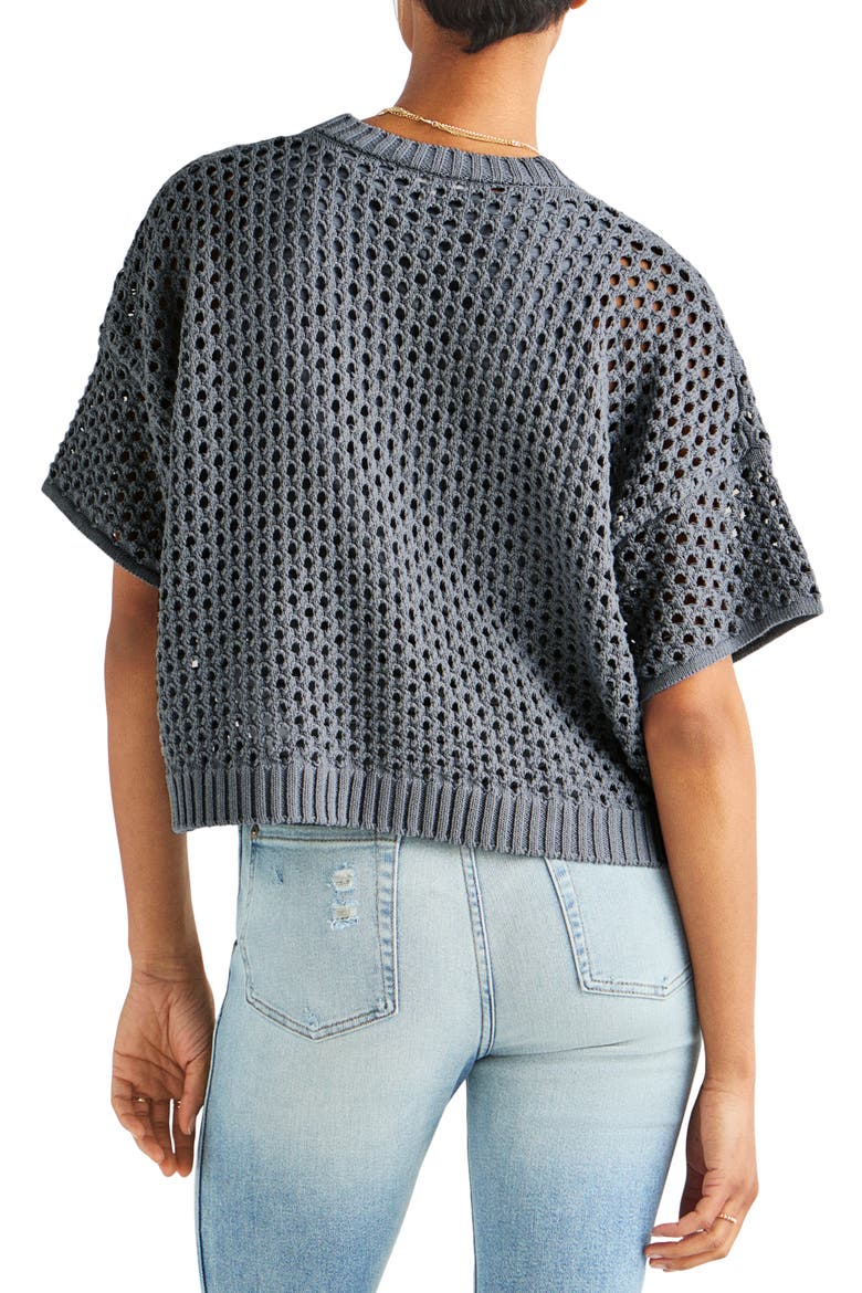 Nova Short Sleeve Cotton Pointelle Cardigan, Alternate, color, STORM