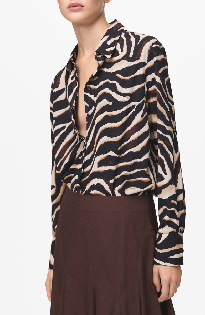 MANGO Dot Print Button-Up Shirt, Main, color, Black