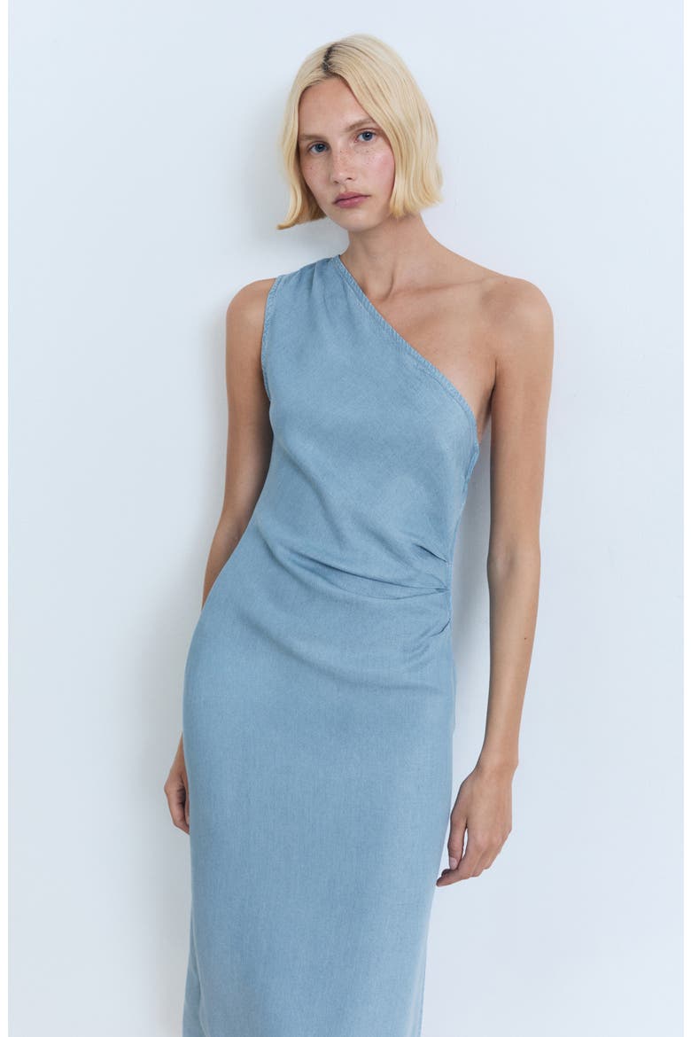 Pleated One-Shoulder Chambray Dress, Alternate, color, MEDIUM BLUE