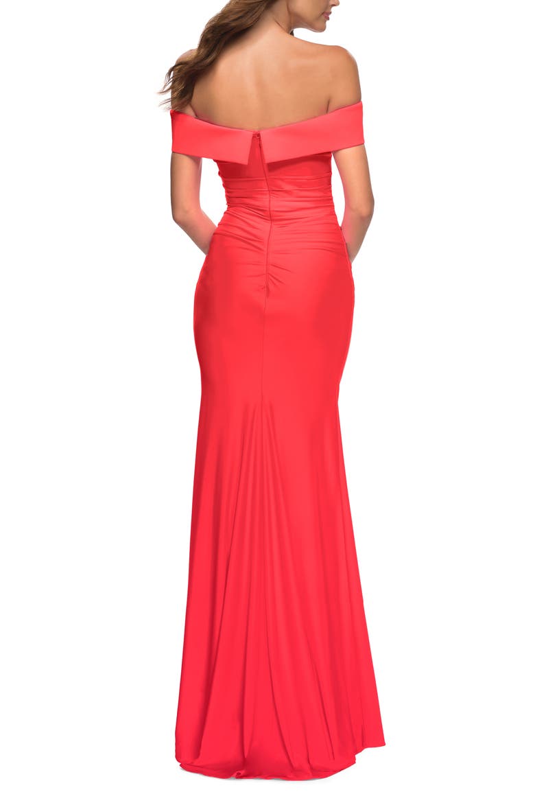 Long Off the Shoulder Ruched Neon Jersey Dress, Alternate, color, Hot Coral