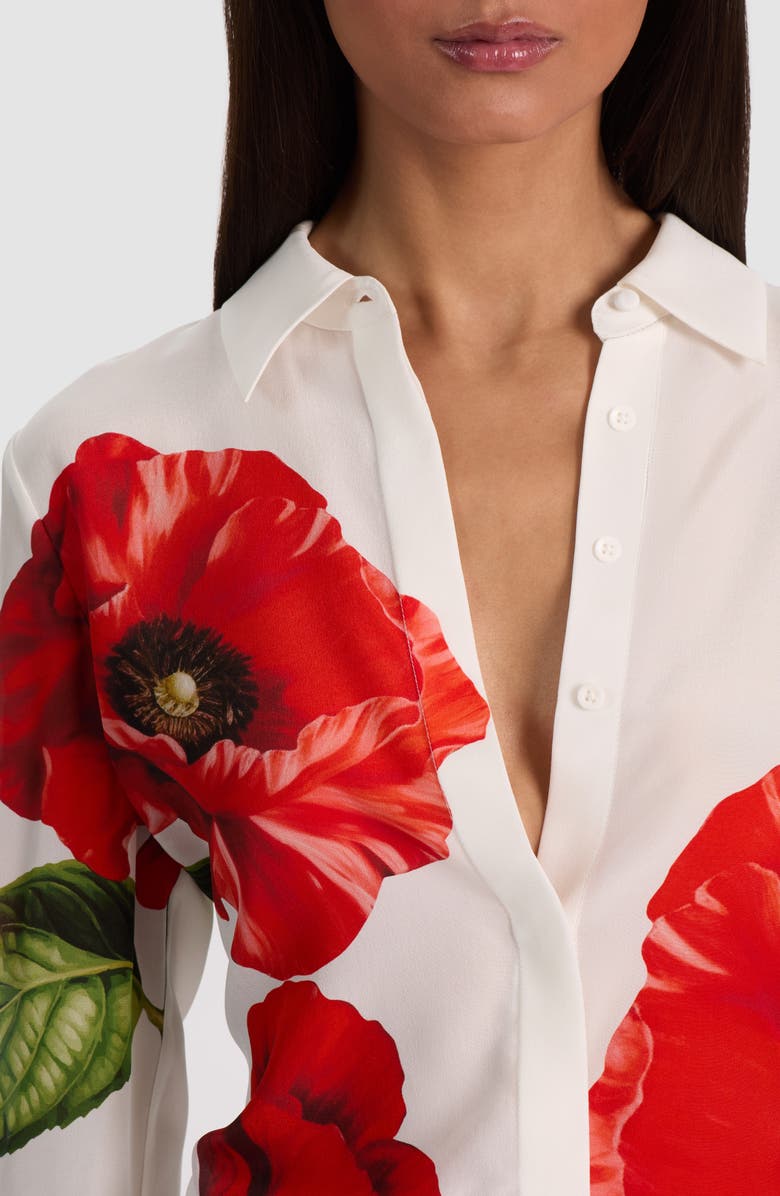 Alice + Olivia Willa Floral Print Silk Button-Up Shirt, Alternate, color, Summer Poppy