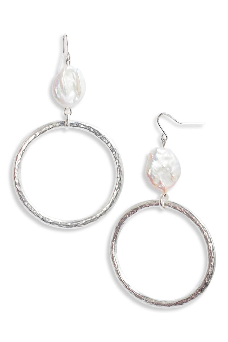 Cultured Pearl Hoop Drop Earrings, Main, color, SILVER