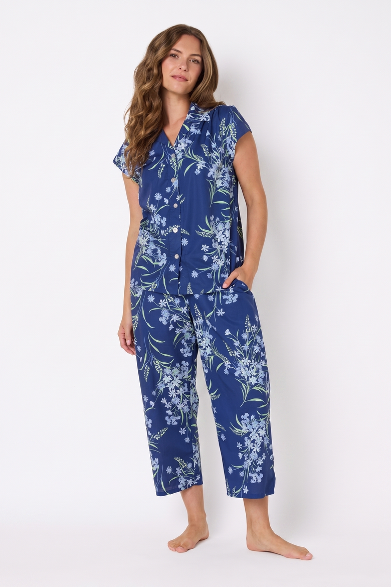 Floral Pima Cotton Short-Sleeved Capri Pajama Set, Main, color, Garden Posy Navy