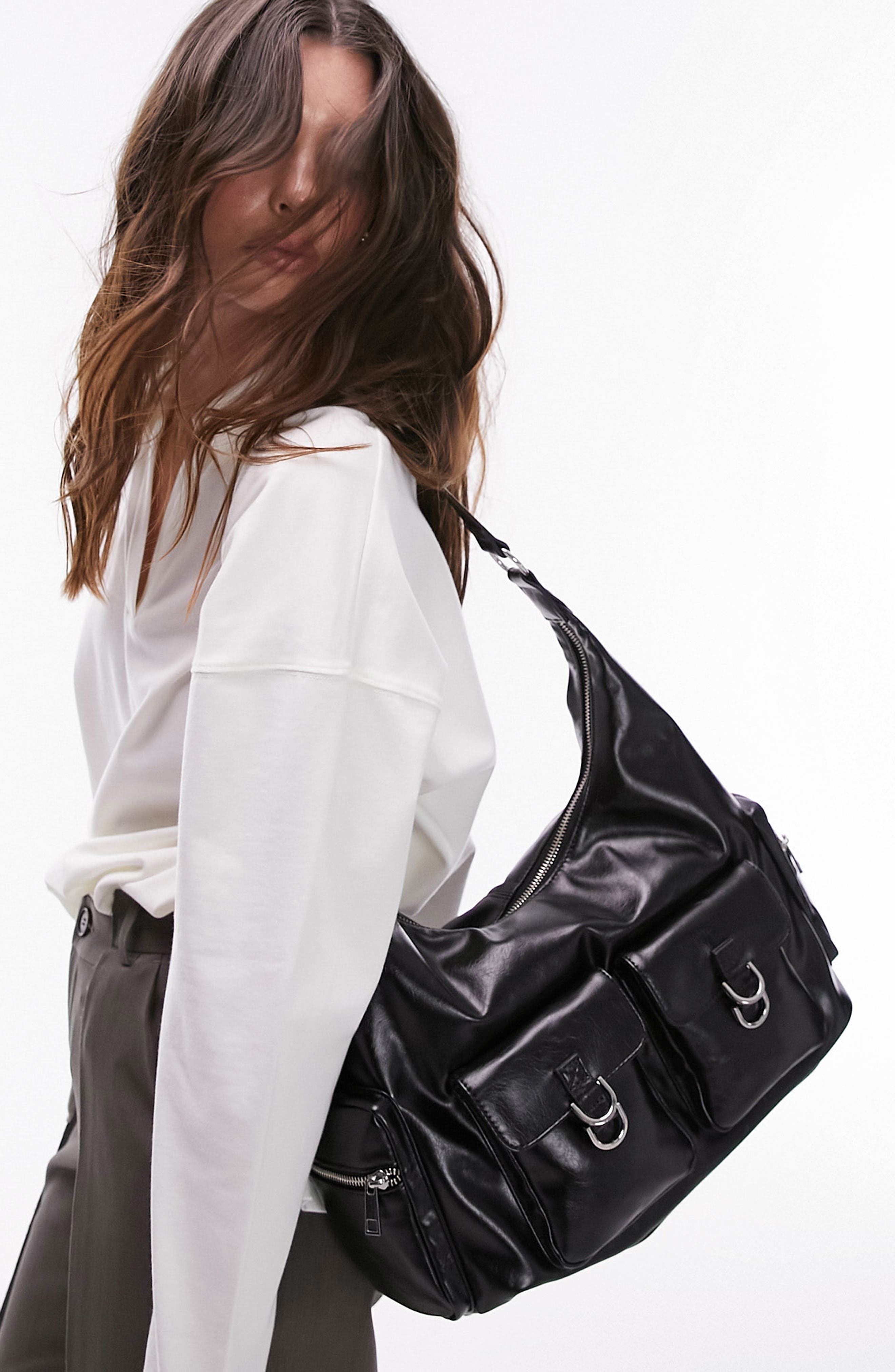 Topshop Tessie Slouchy Faux Leather Tote, Alternate, color, 