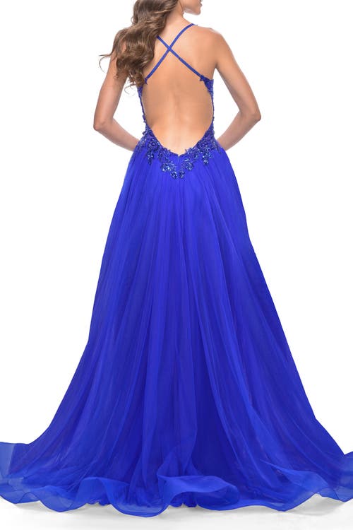 La Femme Tulle A-line Gown With Sheer And Beaded Lace Detail In Royal Blue