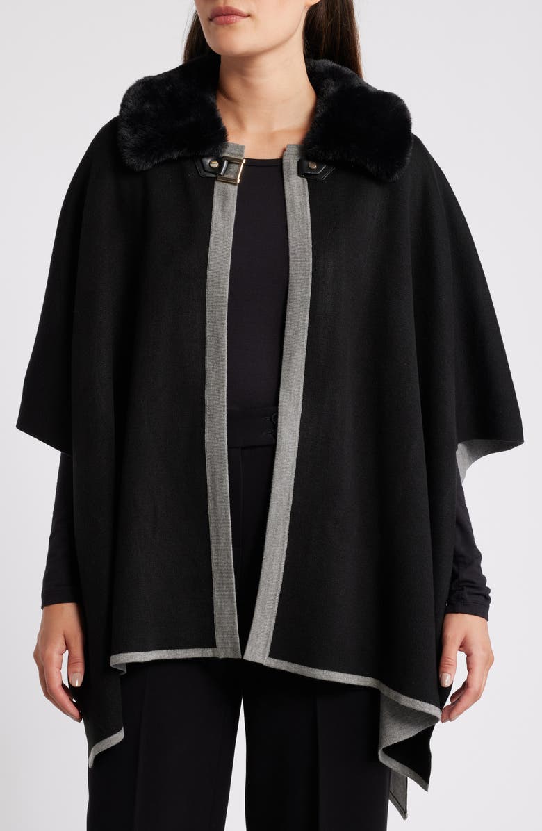 Anne Klein Faux Fur Collar Poncho, Alternate, color, 