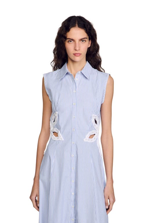 Sandro Womens Bleus Stripe-print Embroidered Stretch-cotton Maxi Dress In Sky Blue