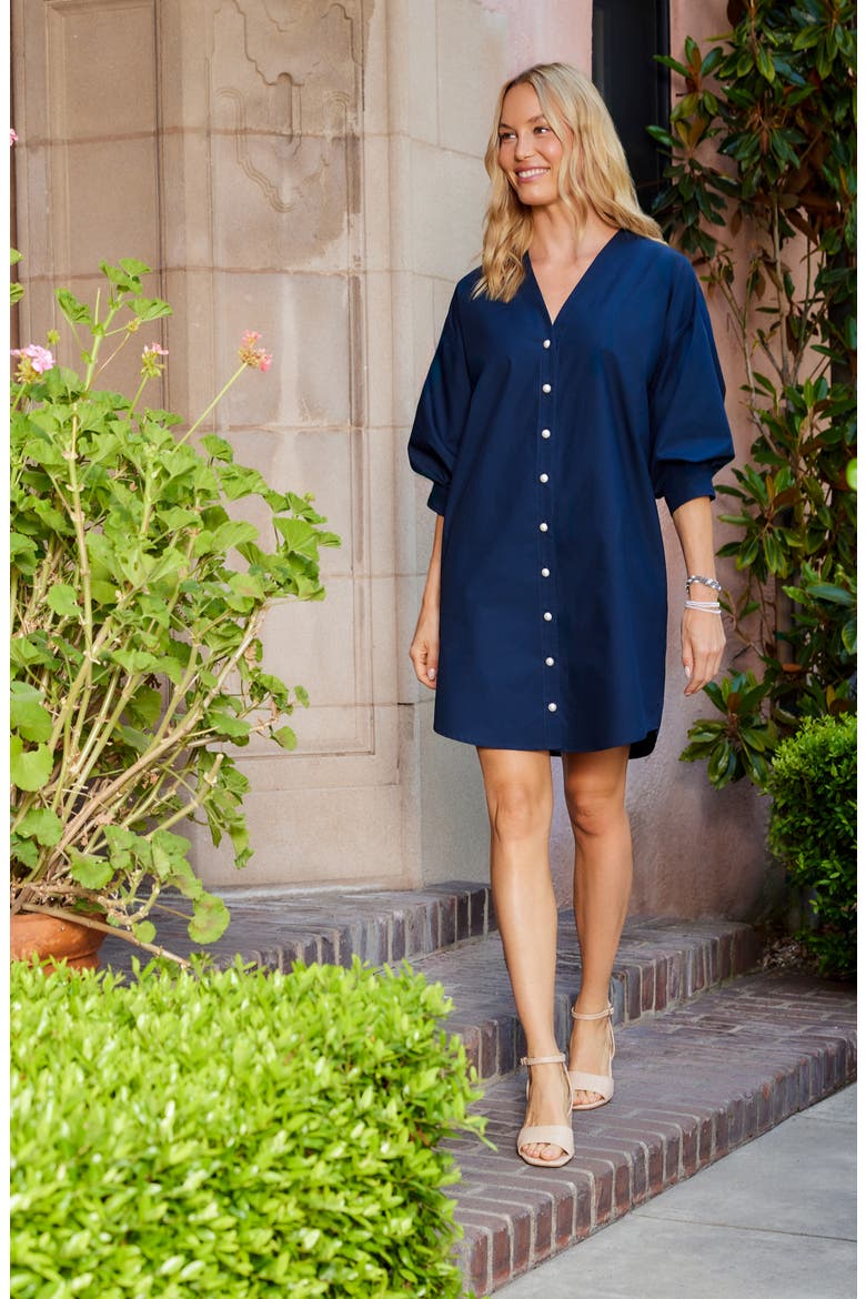 Puff Sleeve Pearly Button Dress, Alternate, color, NAVY