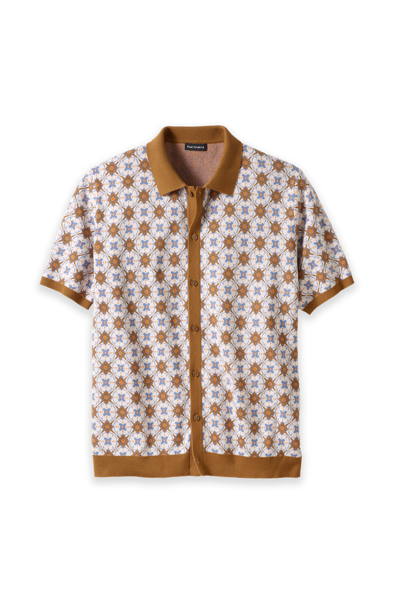 Paul Fredrick Cotton Button Front Polo Short Sleeve, Main, color, Tan Multi