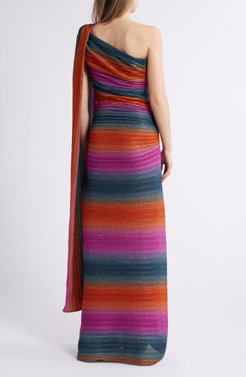 Black Halo Vella Stripe One-shoulder Gown In Pleated Hues