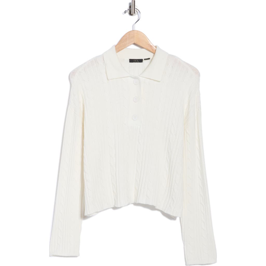 Rdi Cable Knit Crop Polo Sweater In White