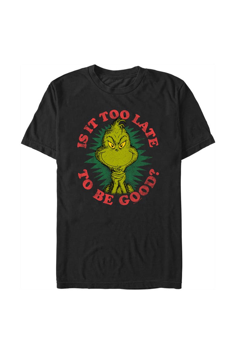 Men's Dr. Seuss Christmas Is It Too Late to Be Good Short Sleeve Graphic T-Shirt, Main, color, Black