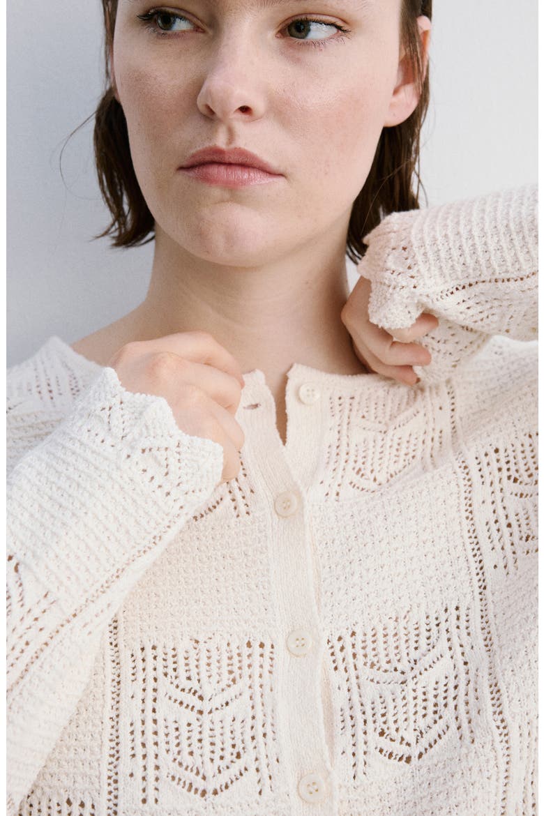 Pointelle Crop Cotton Blend Cardigan, Alternate, color, ECRU