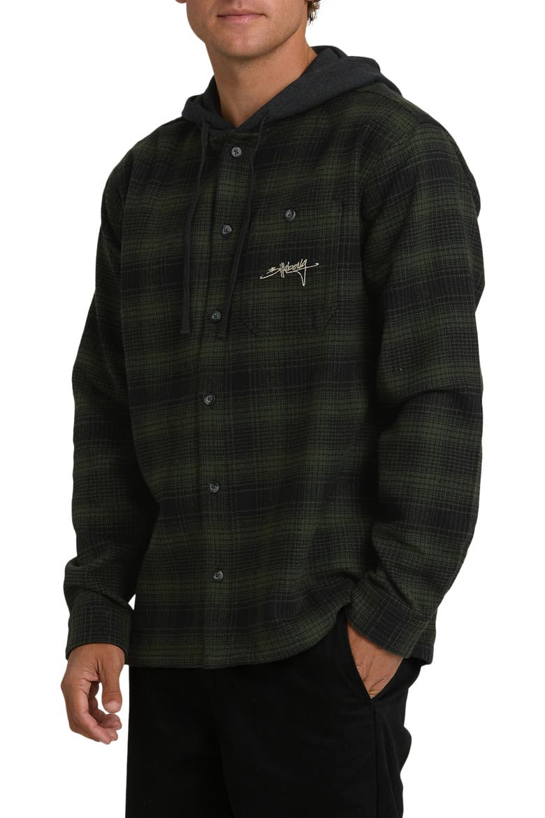 Baja Sur Plaid Hooded Cotton Flannel Button-Up Shirt, Alternate, color, BLACK
