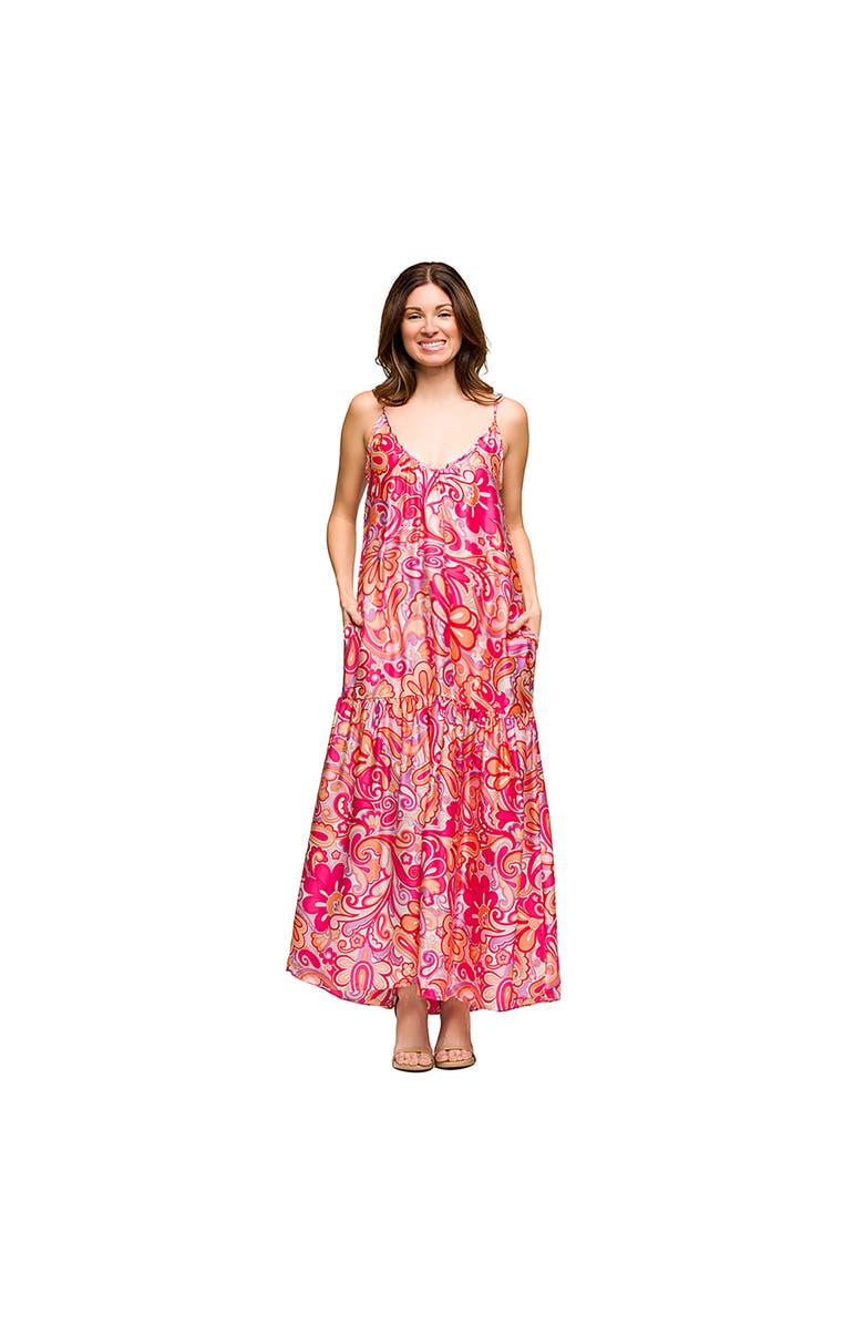 24seven Comfort Apparel Maternity Pink Print Lightweight Spaghetti Strap Pocket Maxi Dress, Main, color, Pink Multi