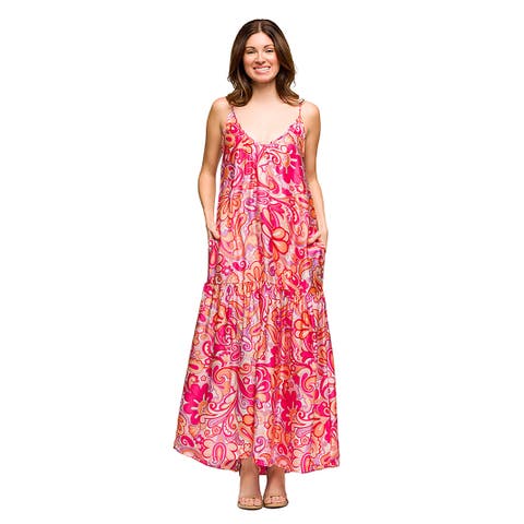 Maternity Pink Print Lightweight Spaghetti Strap Pocket Maxi Dress