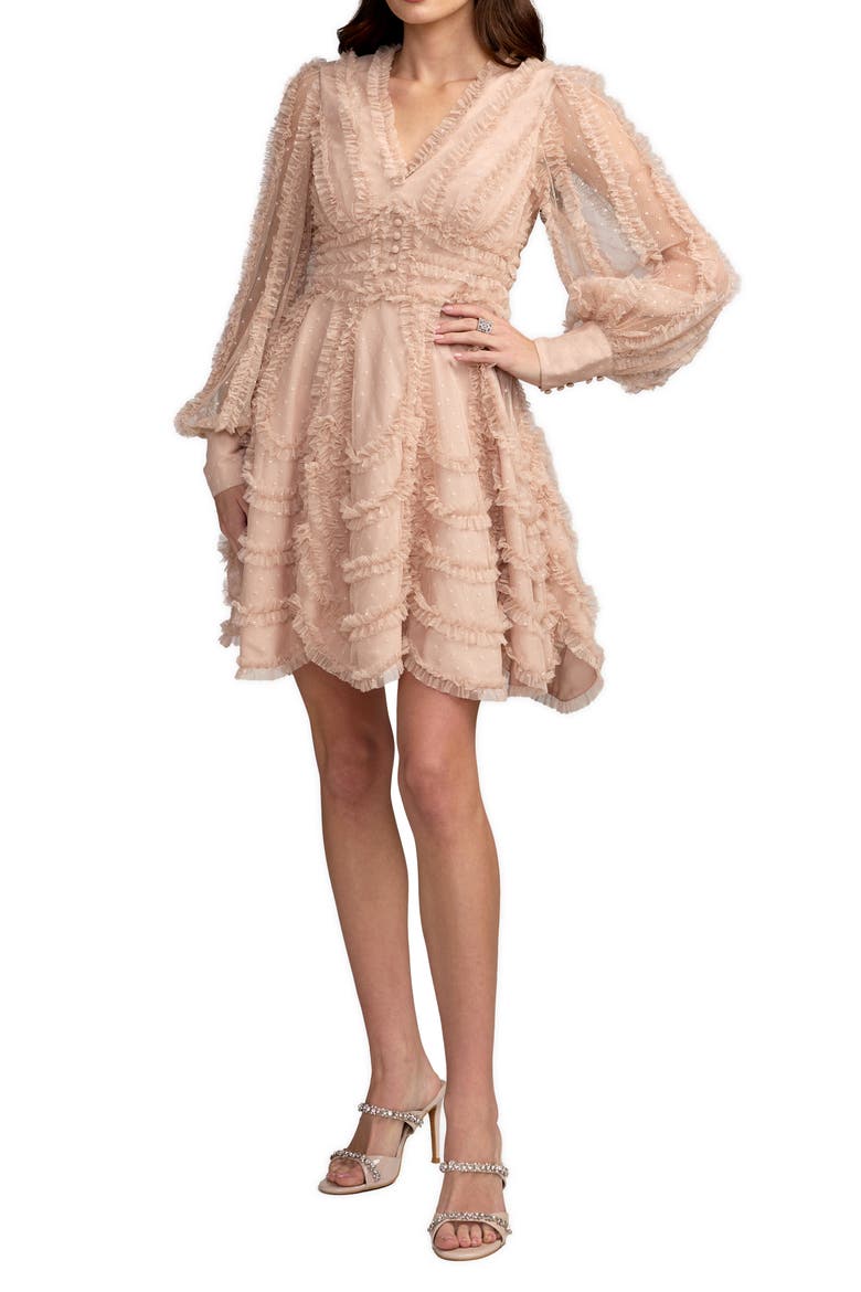 Ruffle Trim V-Neck Long Sleeve Mini Dress with Tiered Skirt, Main, color, Bisque