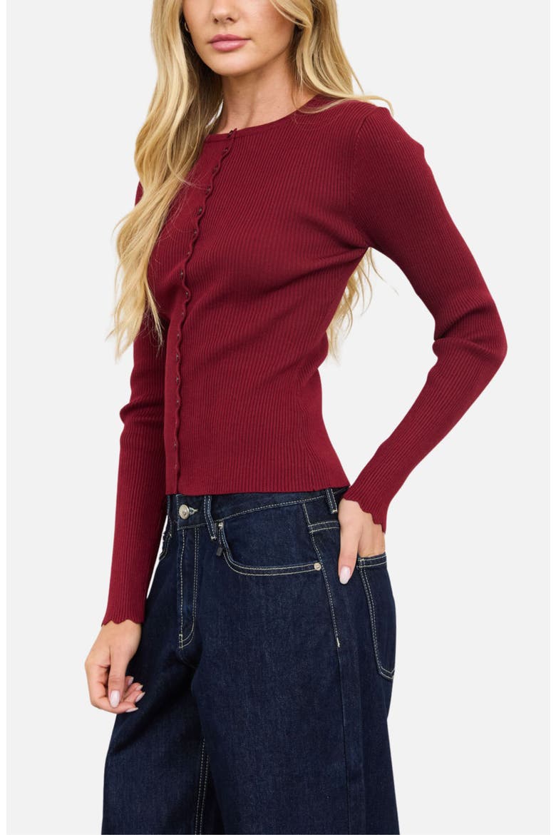 Scalloped Rib Cardigan, Alternate, color, DEEP RED