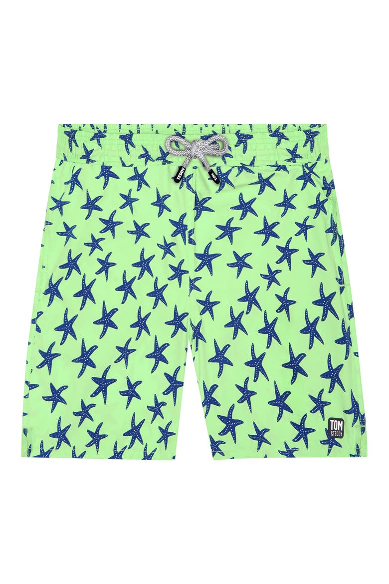 Starfish Print Swim Trunks, Alternate, color, FRESH GREEN/ BLUE