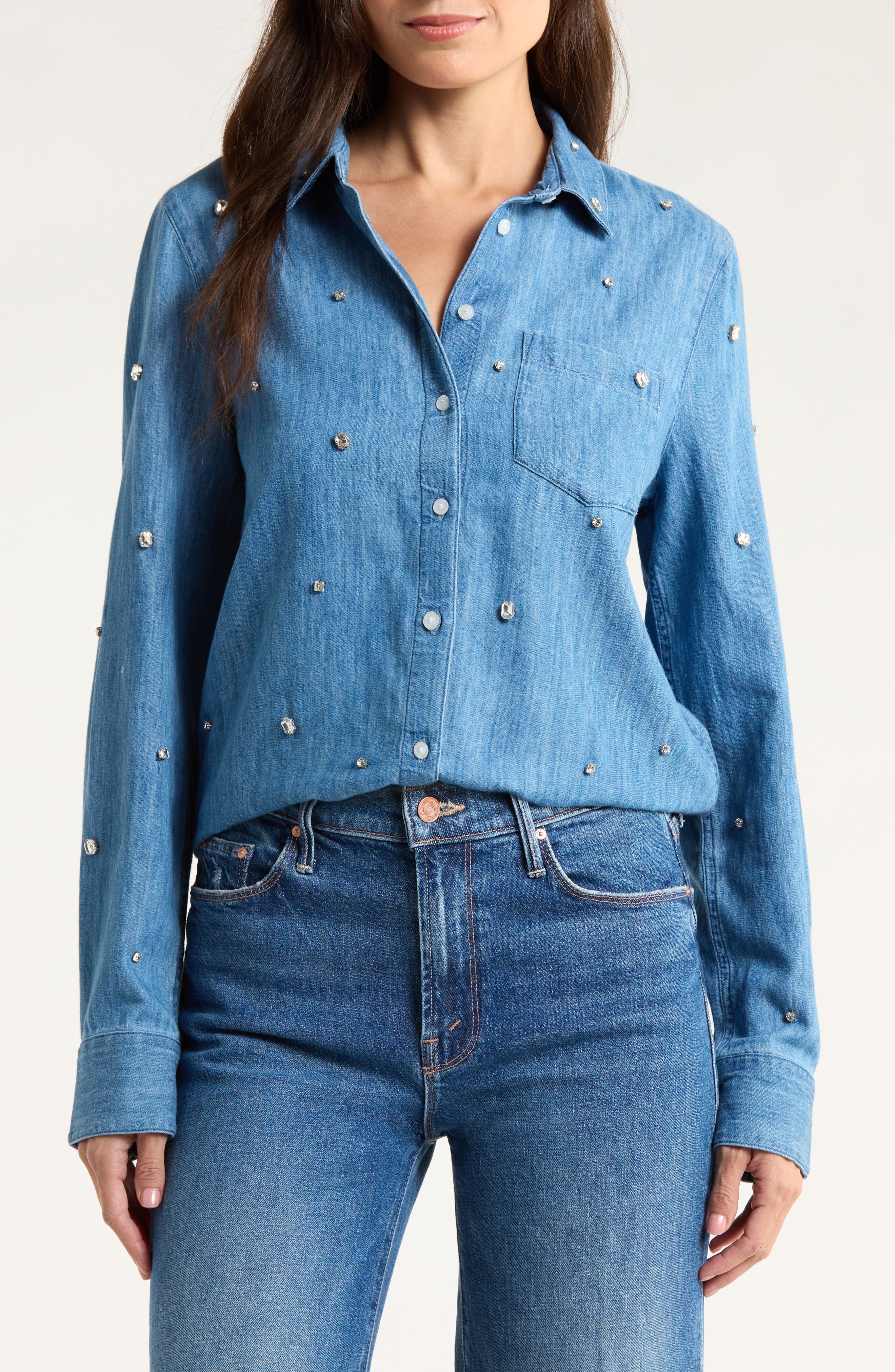 Caslon ® Crystal Embellished Denim Button-up Shirt In Blue