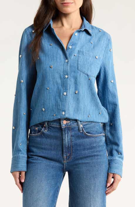 Caslon® Crystal Embellished Denim Button-Up Shirt