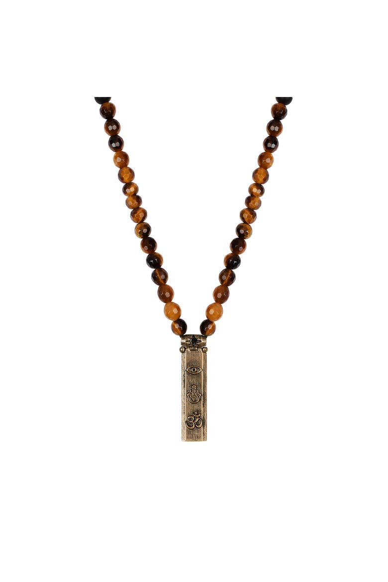 Men's Tiger’s Eye Onyx Bronze Pendant Beaded Necklace Fearless Spirit, Main, color, Brown