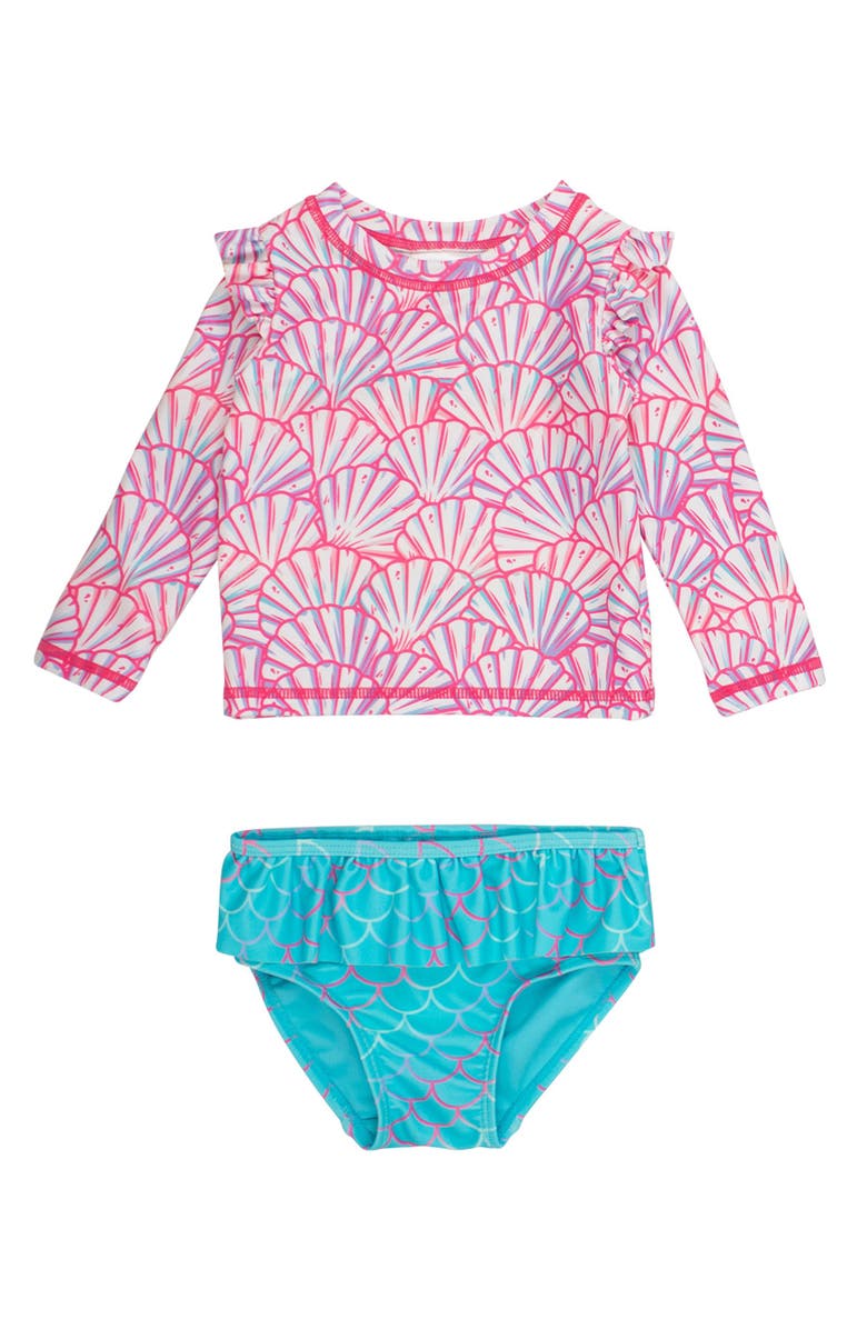 RuffleButts Baby/Toddler Girls UPF50+ Sun Protected Skirted Flutter Long Sleeve Rash Guard Bikini, Main, color, Pink Magical Mermaids