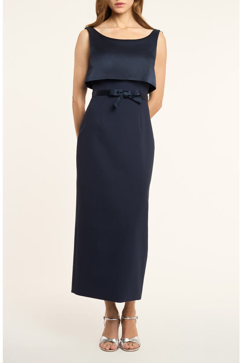 Mila Overlay Detail Column Dress, Main, color, NAVY