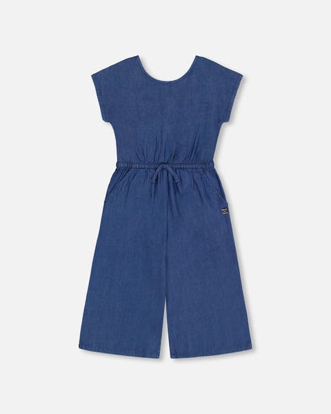 Little Girl's Chambray Jumpsuit Navy Blue