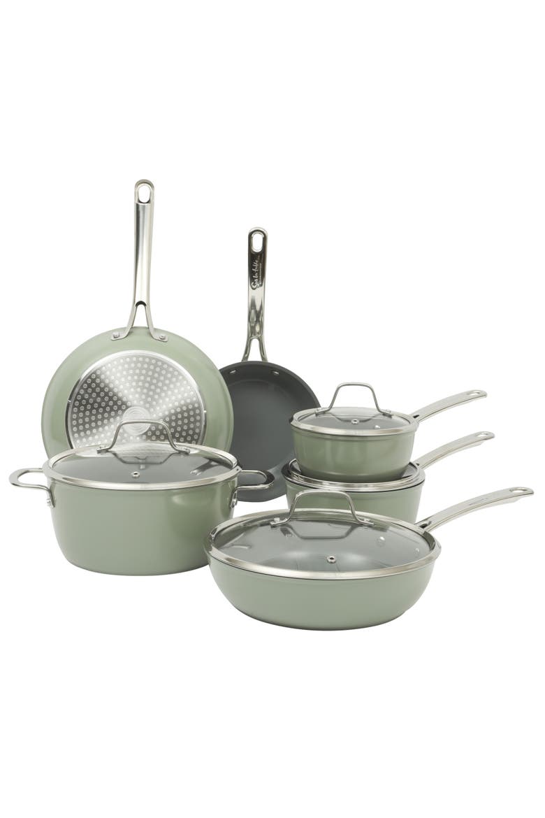 Cool Commune Hard-Anodized Ceramic Nonstick Forged Aluminum Cookware Set with Glass Lids, Main, color, Green
