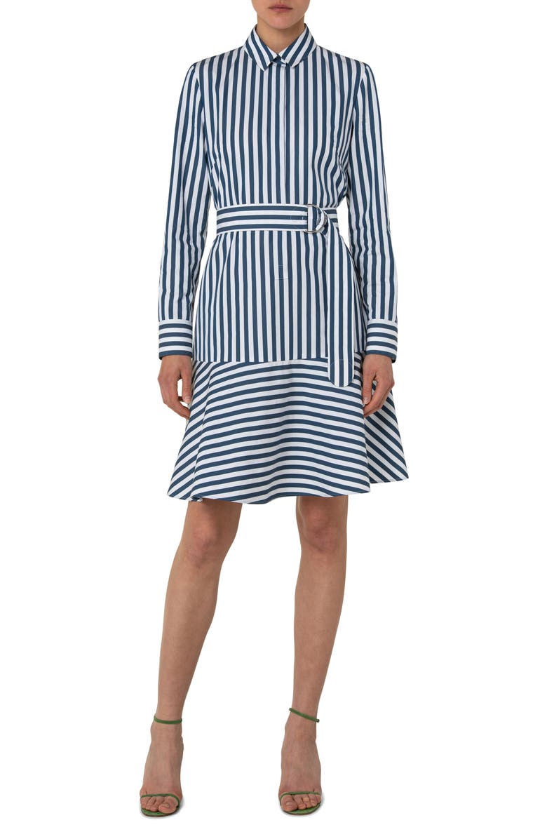 Akris punto Stripe Cotton Flare Hem Shirtdress, Main, color, Cream-Dark Denim