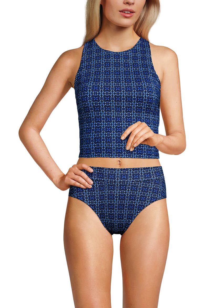 Chlorine Resistant High Neck Racerback Midkini Swimsuit Top, Main, color, Navy Mosaic Mini Tile