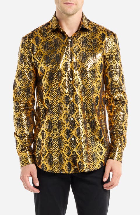 Modern Tailored Fit Shiny Snake Wrinkle Resistant Button-Up Shirt