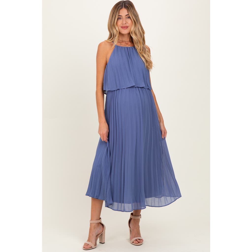 Pinkblush Pleated Woven Midi Dress In Blue