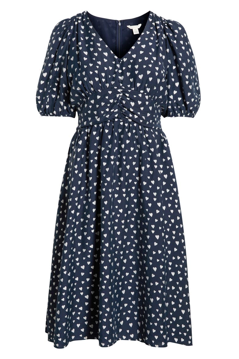 Heart Print Puff Sleeve Midi Dress, Alternate, color, NAVY- WHITE FLOATING HEARTS