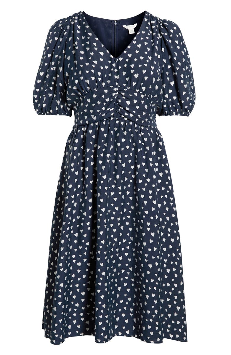 Caslon<sup>®</sup> Heart Print Puff Sleeve Midi Dress, Alternate, color, Navy- White Floating Hearts
