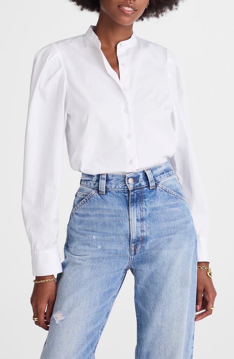 Madewell Paulina Cotton Poplin Band Collar Button-Up Shirt, Main, color, White