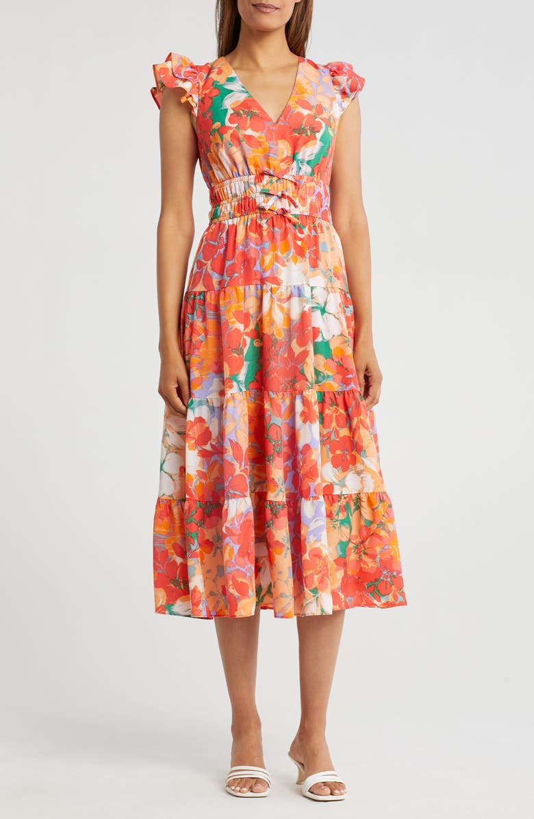 Vince Camuto Floral Cap Sleeve Tiered Midi Dress, Main, color, Orange Multi
