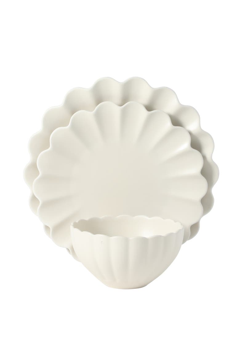 Bistro Fleur 12-Piece Scalloped Stoneware Dinnerware Set for 4, Alternate, color, Matte Cream