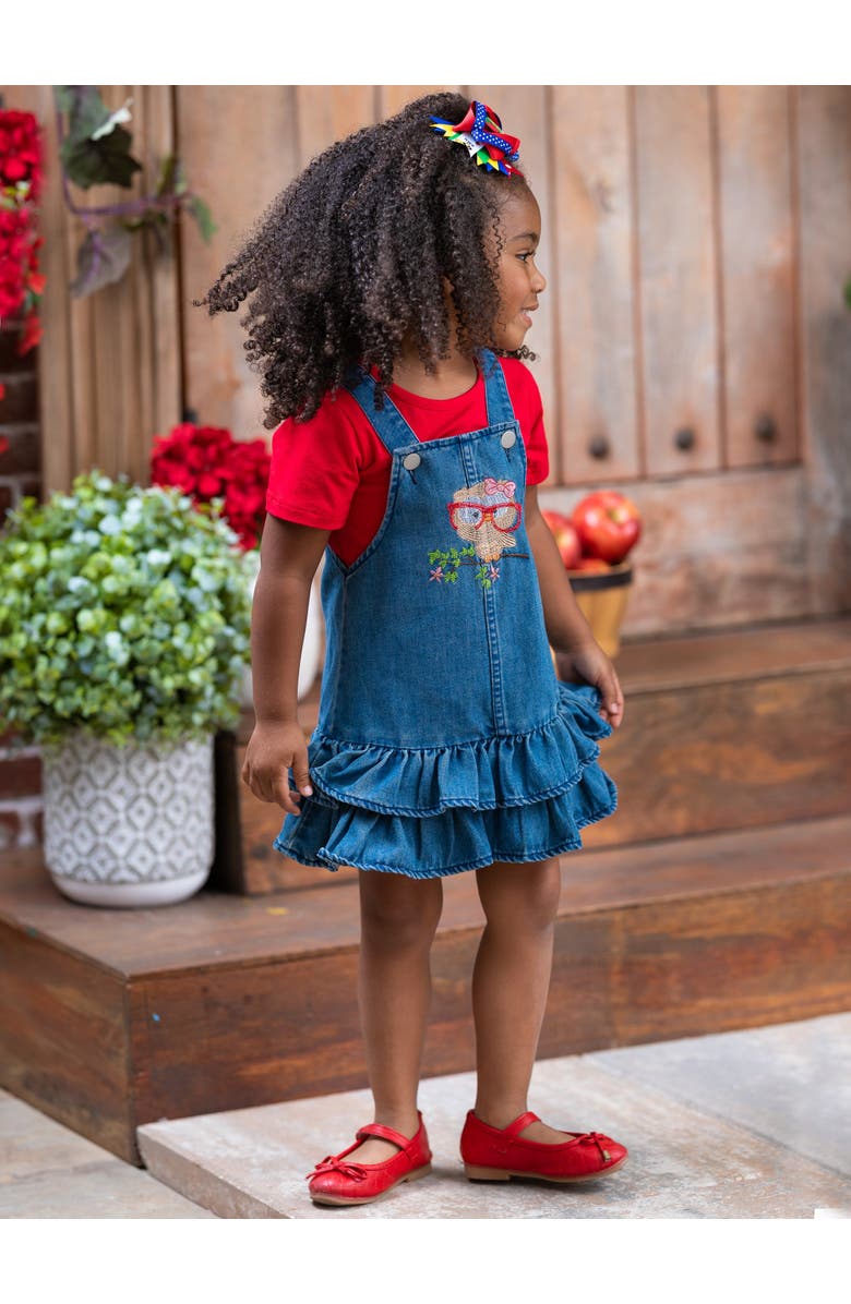 Mia Belle Girls Girls Owl Denim Overall Dress Set, Alternate, color, Red