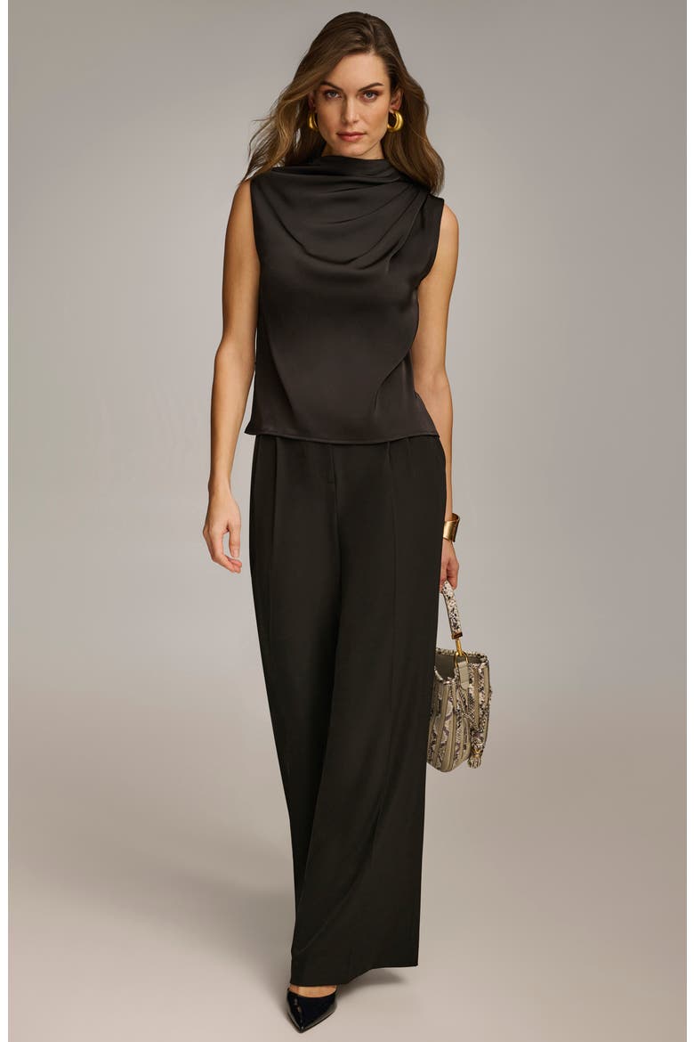 Draped Sleeveless Matte Satin Top, Alternate, color, BLACK