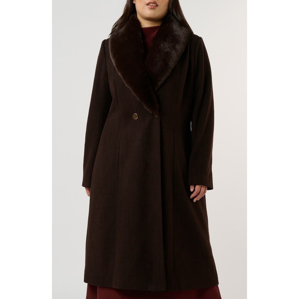 Estelle Alastair Double Breasted Coat With Removable Faux Fur Collar In Brown