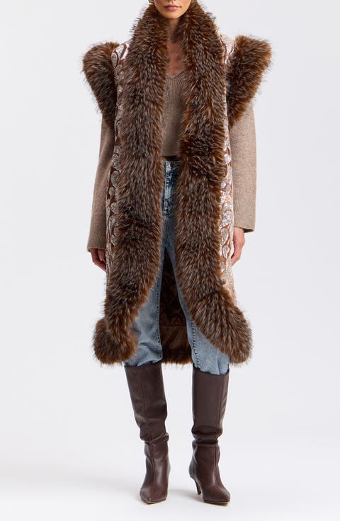 Faux Fur Trim Sequin Embellished Velvet Maxi Vest