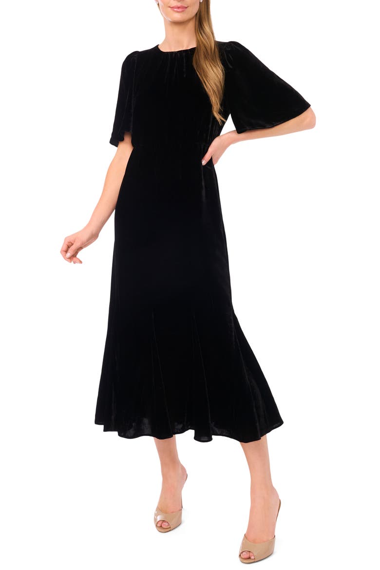 Flounce Sleeve Velvet Dress, Main, color, RICH BLACK