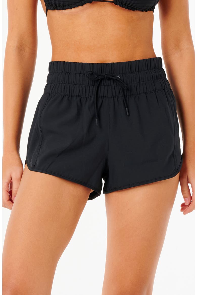 Smocked High Waist Drawstring Shorts, Main, color, BLACK