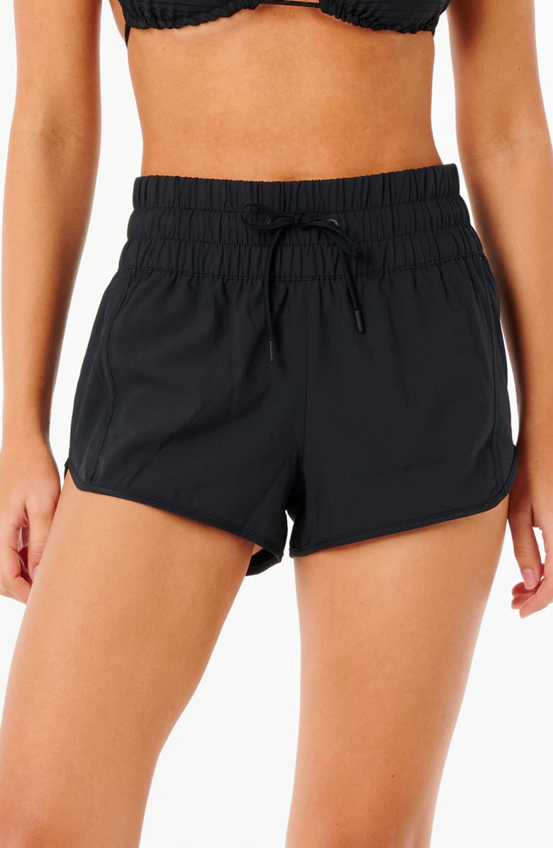 Rip Curl Smocked High Waist Drawstring Shorts, Main, color, Black