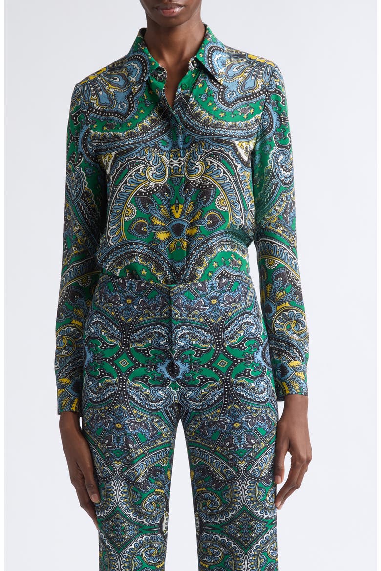 Willa Printed Silk Shirt, Main, color, BON VOYAGE DEEP EMERALD