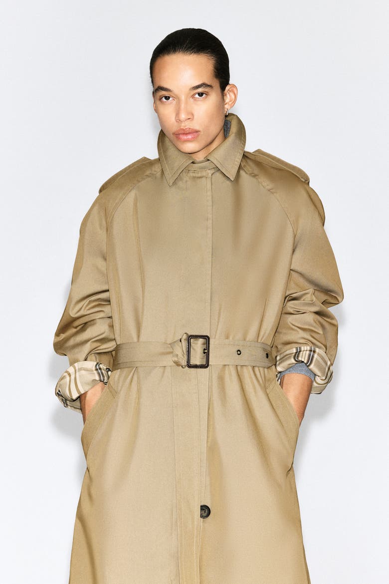 Check-Detail Belted Cotton Trench Coat, Alternate, color, BEIGE / CHECKED