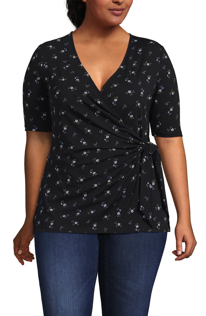 Lands' End Elbow Sleeve Lightweight Jersey Side Tie Blouse, Main, color, Black/Cobalt Tiny Floral